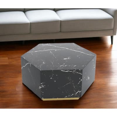 HomeRoots 35" Black And Gold Faux Marble Hexagon Drum Coffee Table - 35' X '15.7' X '30.3