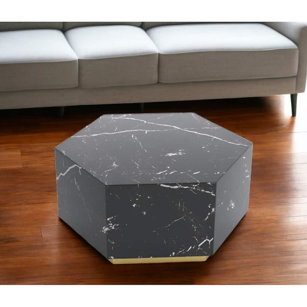 HomeRoots 35" Black And Gold Faux Marble Hexagon Drum Coffee Table - 35' X '15.7' X '30.3