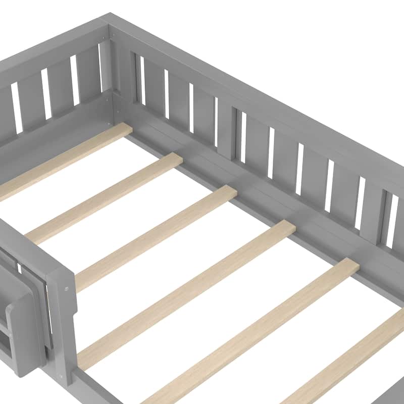 Low Profile Montessori Bed Floor Platform Bed with Fence and Bookshelf