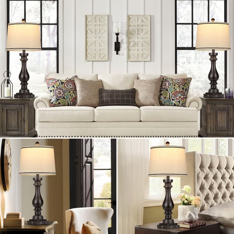 27.5'' Traditional USB Table Lamps with Type-C Port Bedside Lamps with 3-Way Dimmable Touch Control (Set of 2)