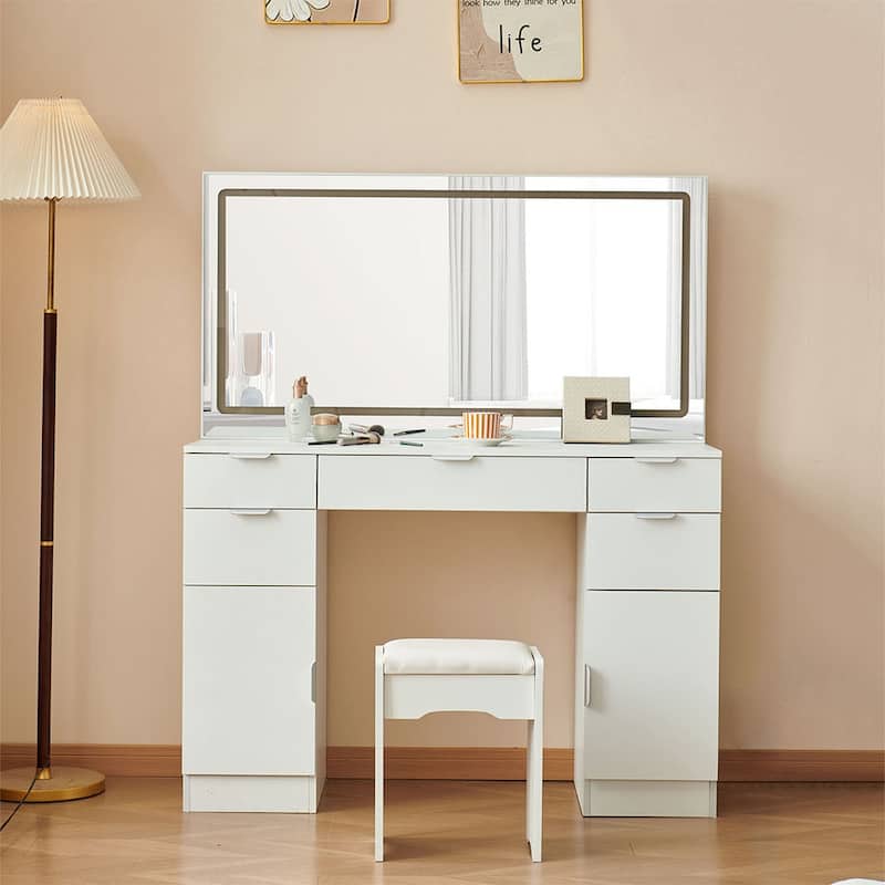 White Makeup Dressing Table with Adjustable Lighting LED Mirror and 5 Drawers for Bedroom - 15.8”D x 46.1"W x 56.1"H