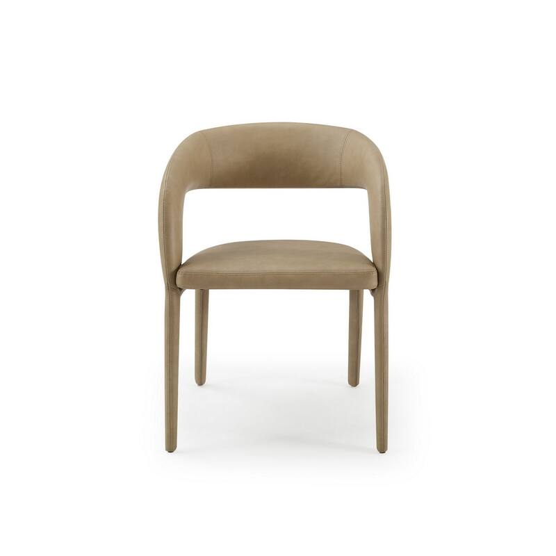 Cid Taya 24 Inch Dining Chair, Carved Back, Tapered Legs, Tan Faux Leather