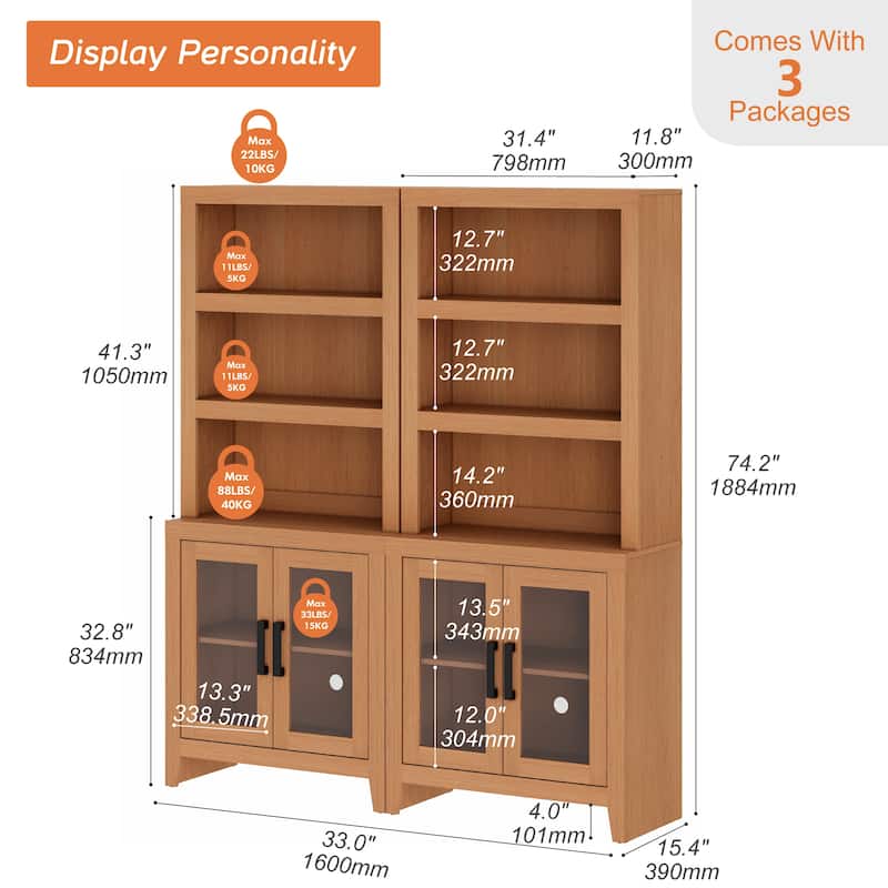 WAMPAT 3 Tier Bookshelf with Glass Door, 74" Tall Bookcase with Adjustable Shelf and Storage Cabinet, Farmhouse Wooden Bookshelf