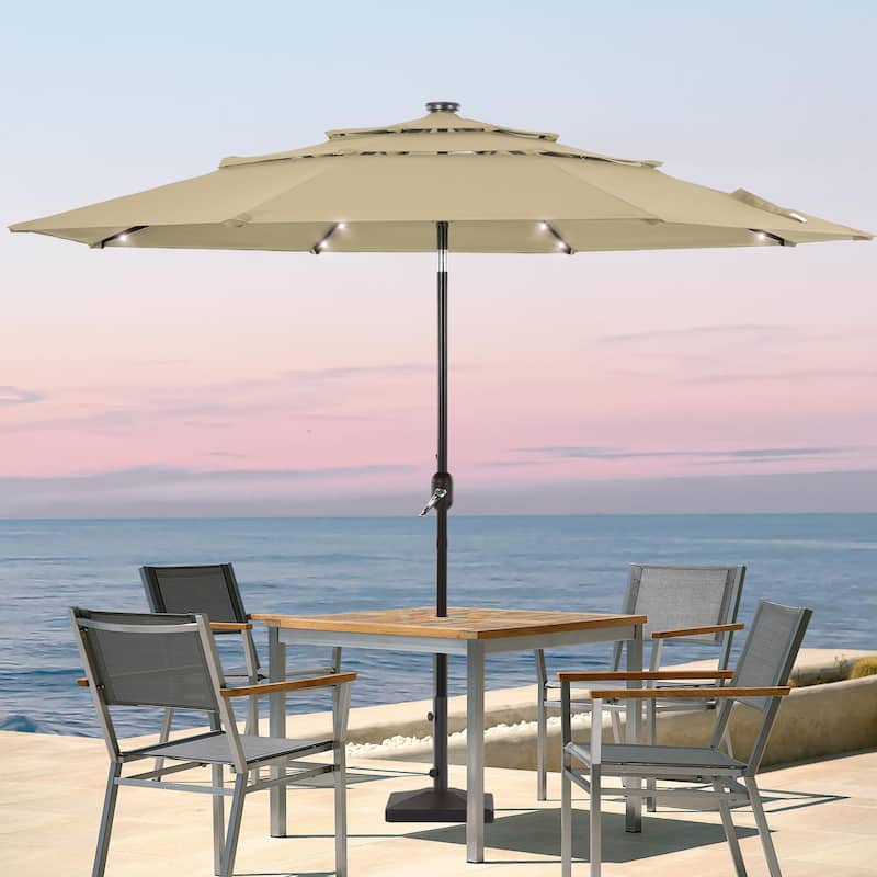 LIVOOSUN LED 10FT LED 3-layer Patio Umbrella with UPF50+, Tilt Function, and Wind-Resistant Design——Experience Outdoor Comfort - Sand