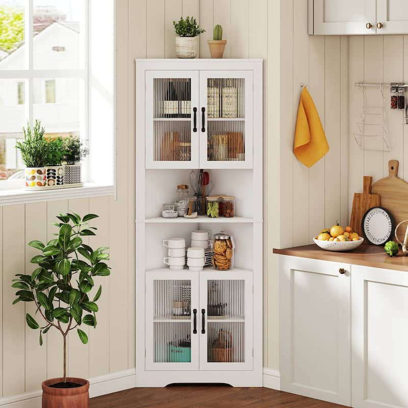 Costway 67" Tall Corner Hutch with 4 Fluted Glass Doors 3-Level - See Details