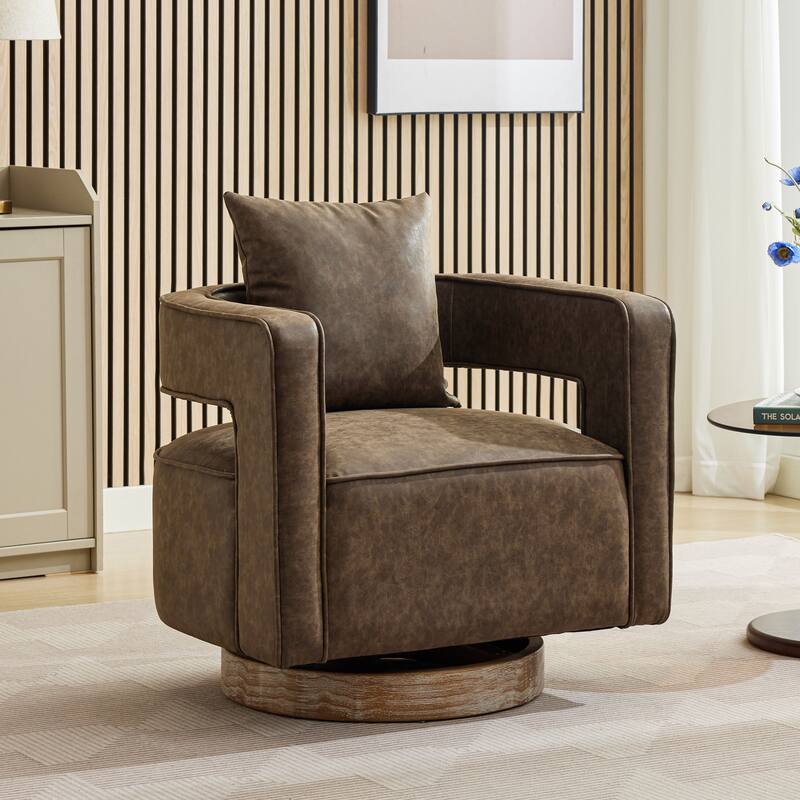 Modern Swivel Chair,PU leather Barrel Chair with Wooden Base and pillow