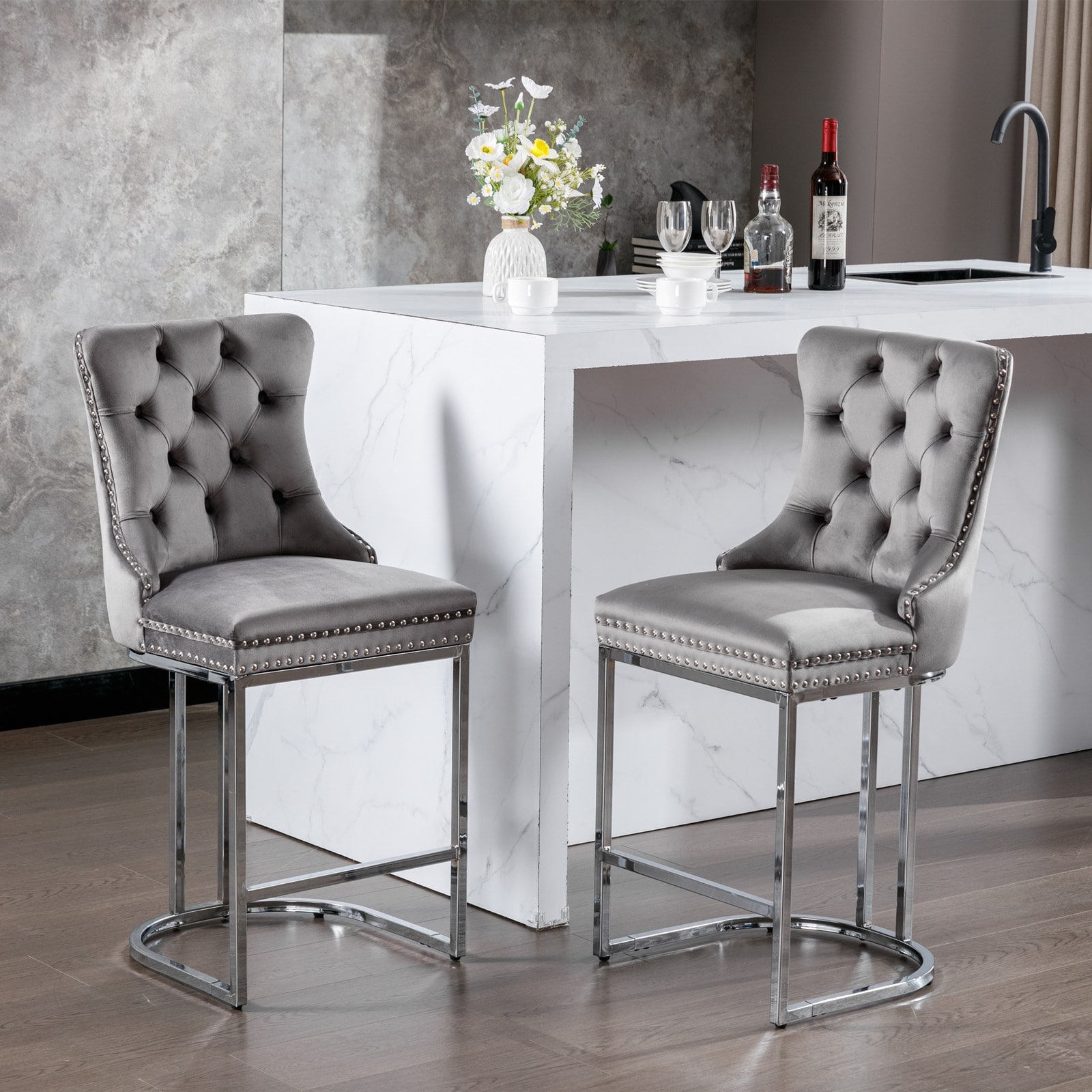 Counter Height Bar Stools Set of 2, High Back Bar Chair with Rivet Trim, Kitchen Island Chairs with Button Back and Metal Base