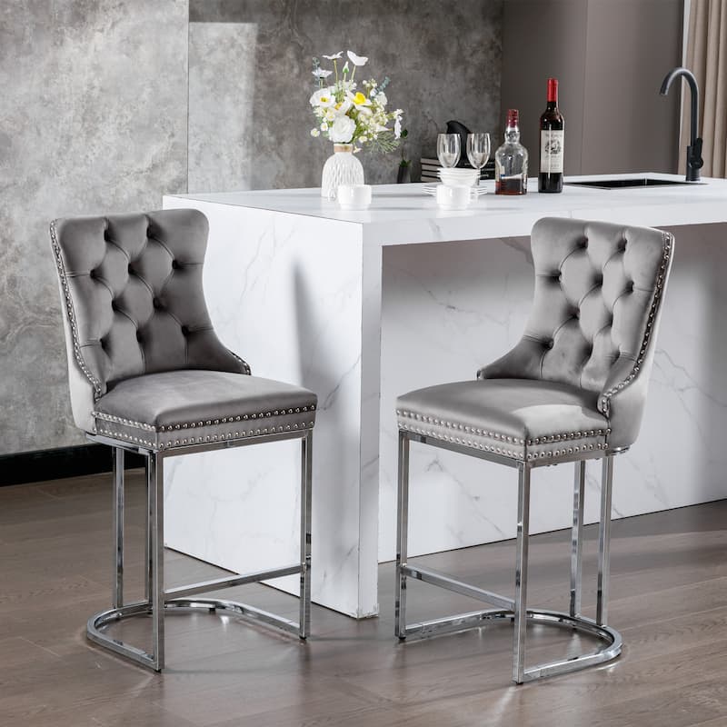 Counter Height Bar Stools Set of 2, Velvet Upholstered Accent Chairs with Button Back, Rivet Trim and Chromed Metal Base Legs
