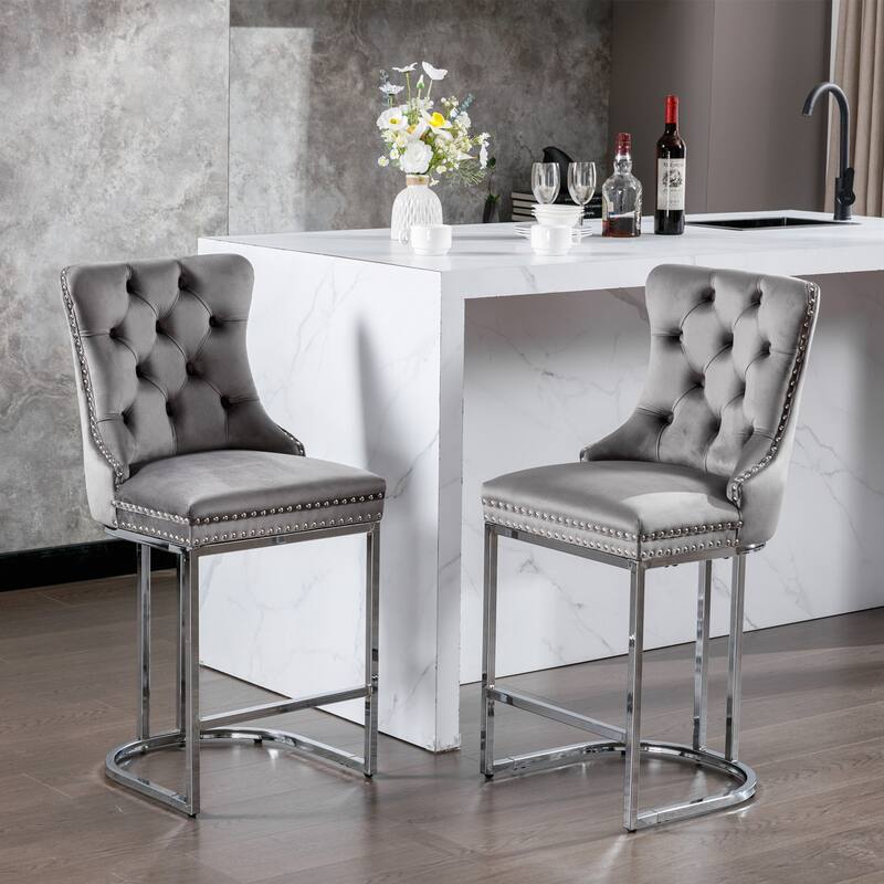 Set of 2 Modern Velvet Counter Bar Stools, 26" with Button Back & Rivet Trim, Chromed Metal Base Farmhouse Barstools - Gray
