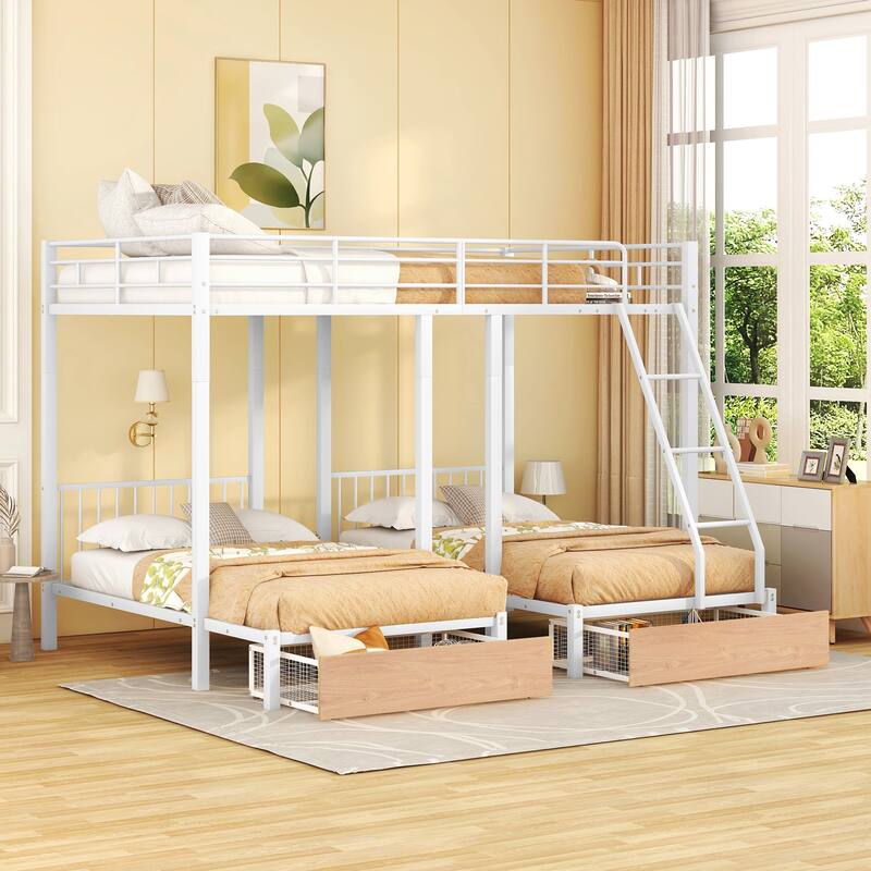 Metal Triple Bunk Bed for 3, Full Over Twin & Twin Bunk Bed with 2 Storage Drawers for Kids, Can be Divided into 3 Separate Beds