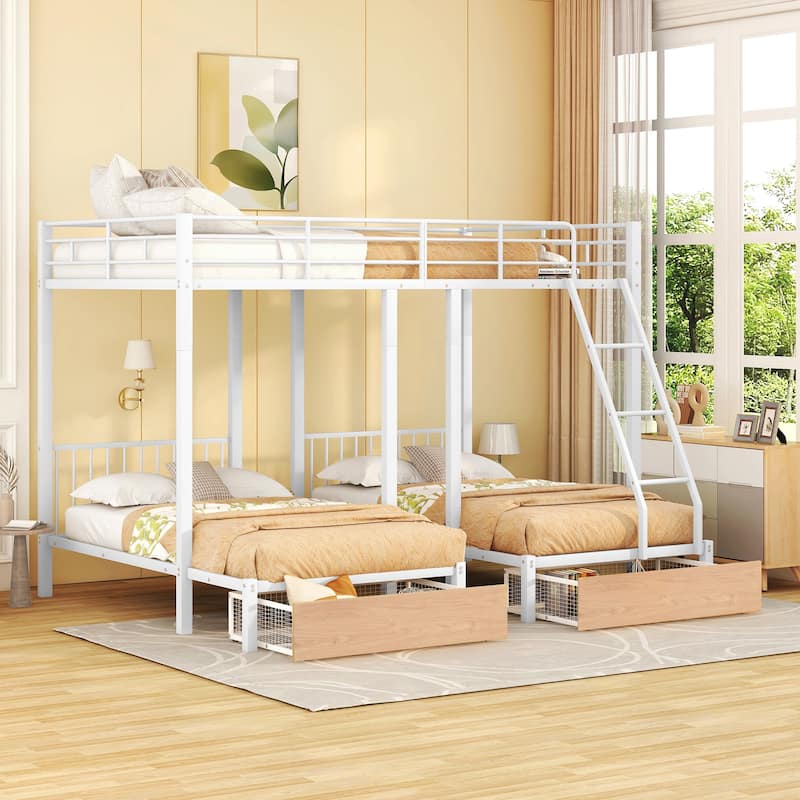 Metal Triple Bunk Bed with Drawers and Guardrails, Full Over Twin & Twin, White - White