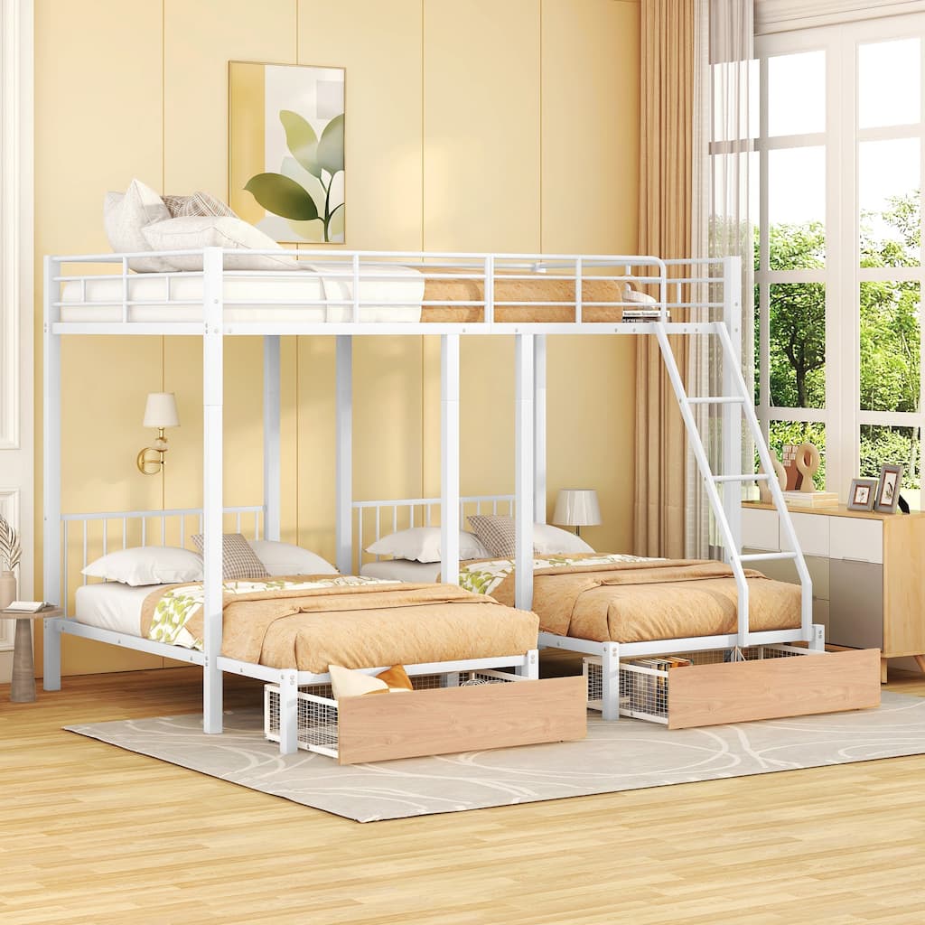 Metal Triple Bunk Bed with Drawers and Guardrails, Full Over Twin & Twin, White