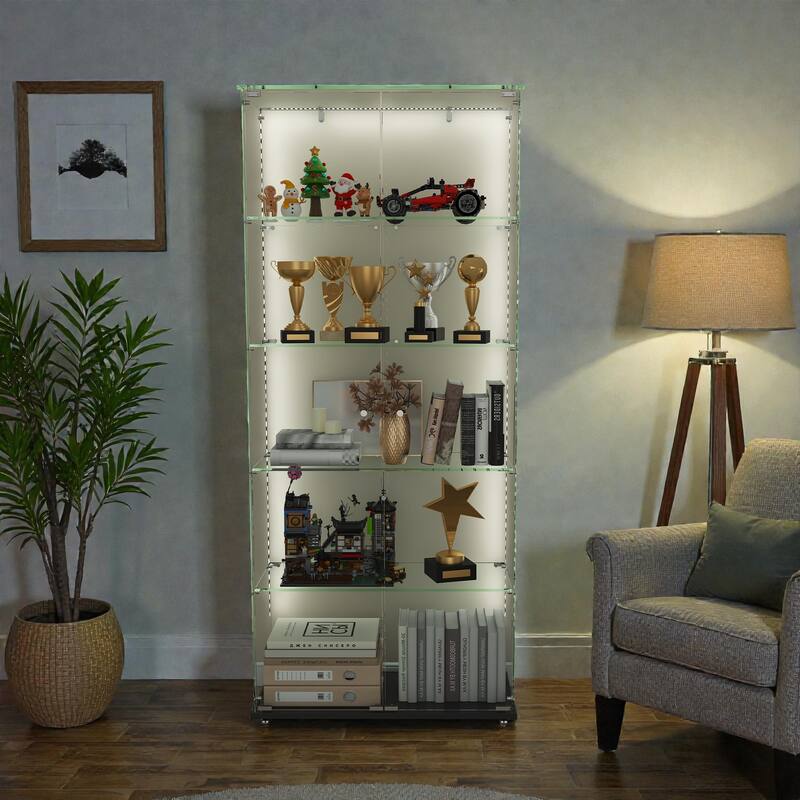 4-Tier Tempered Glass Display Cabinet with 5 Dynamic LED Modes, Double Doors & Fixed Shelves for Collectible Showcase
