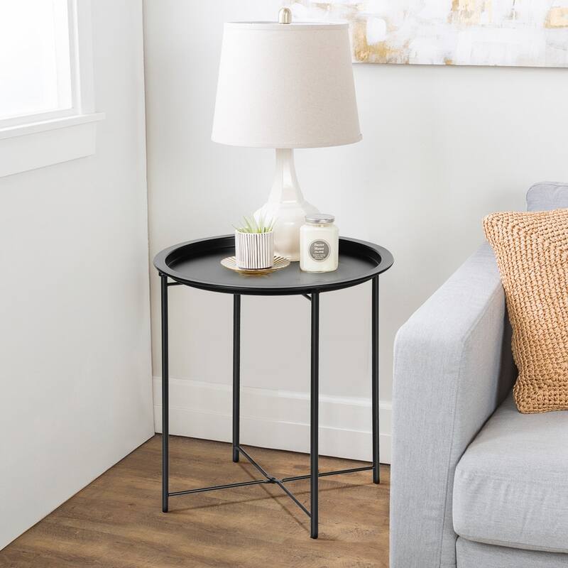 Javlergo Set of 2 Folding Round TV Tray Tables, Small Round Steel Side Table, No Assembly Required - 18.5 x 18.5 x 19.7 in