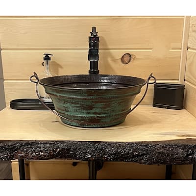 15" Round Copper Vessel Bucket Bathroom Sink with Green Patina Exterior by SimplyCopper - 15" X 15" X 6"