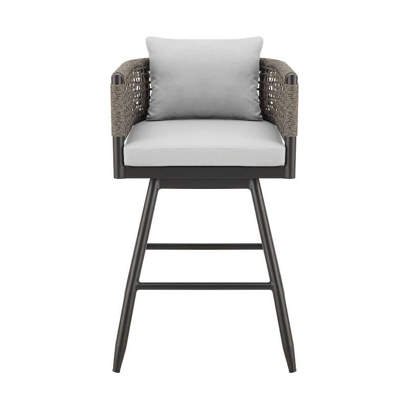 Piper 26 Inch Outdoor Swivel Counter Stool Chair, Rope Woven, Gray Cushions
