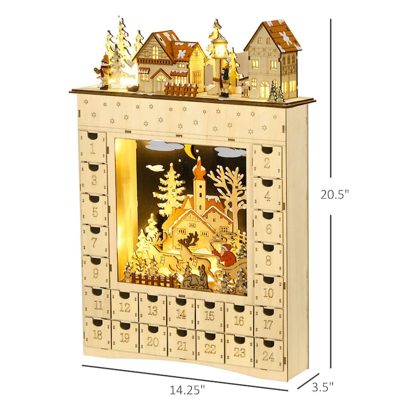 HOMCOM Christmas Advent Calendar, Light Up Wooden Holiday Decoration with 24 Countdown Drawers and LED LightsNatural