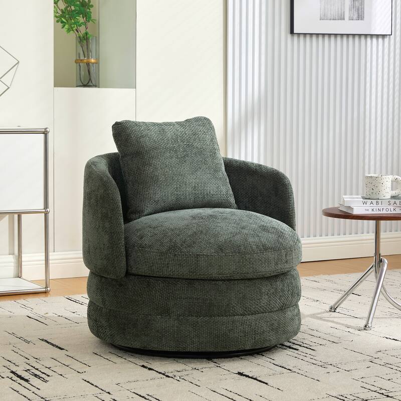 Modern Round 360° Swivel Barrel Accent Chair with Pillow, Upholstered Comfy Barrel Armchair Single Club Sofa Chair - Green