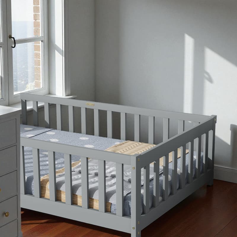 Twin Size Wooden Floor Bed with Fence, Solid Rubber Wood Montessori Bed Frame with Safety Guardrails for Kids