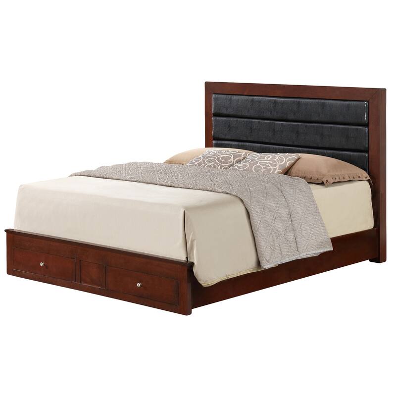 Padded Upholstered Panel Full Bed with Drawers - 81" - Brown and Black