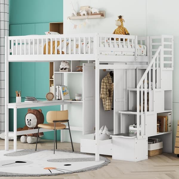 slide 2 of 17, Full Size Loft Bed with Bookshelf, Drawers, Desk, and Wardrobe - Stylish Playhouse Design for Functional and Bedroom, White White