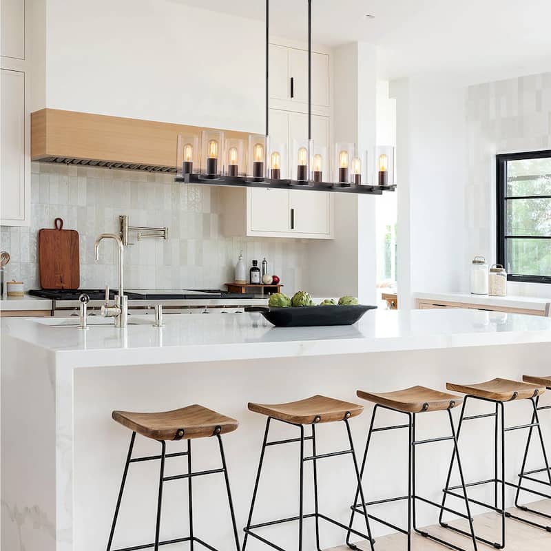 10-Light Industrial Farmhouse Linear Candle Chandelier with Cylinder Clear Glass Shade