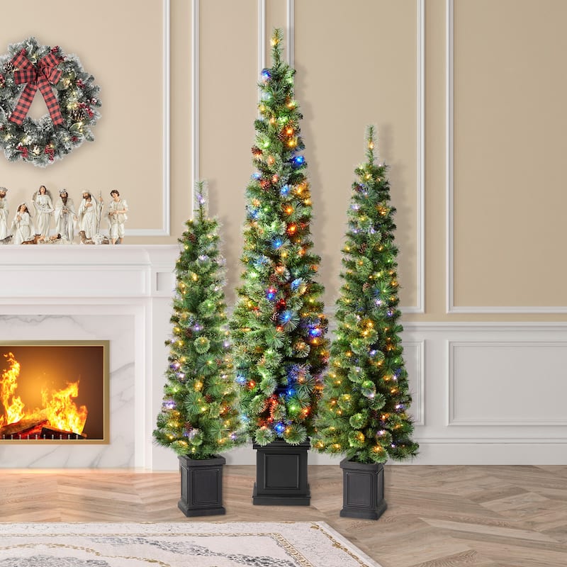 Glitzhome 5ft/6ft/7ft Pre-Lit Green Pine Christmas Potted Porch Tree with LED Lights and Remote Control