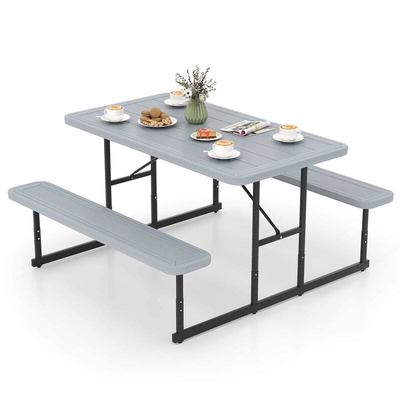 4.5FT Picnic Table Set Outdoor Dining Table & Benches w/ Umbrella Hole - Grey