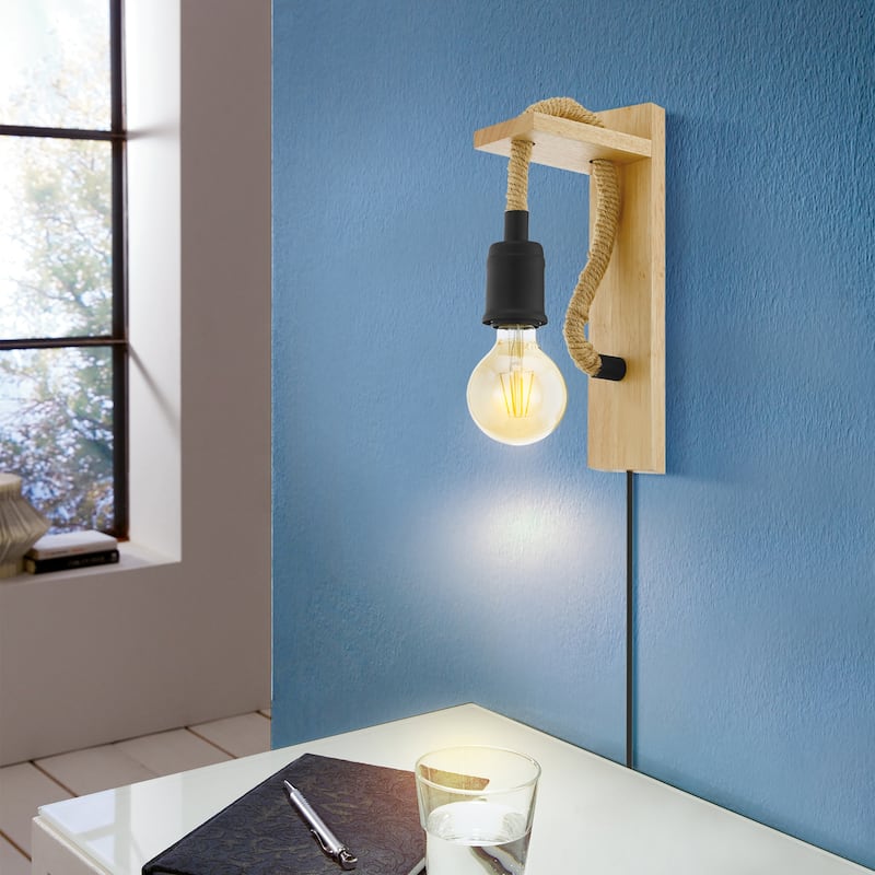 Rampside Open Bulb Wall Light - Black, Natural  Wood