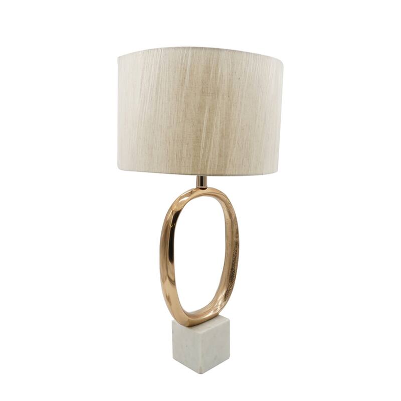Oval Cut Out Metal Table Lamp with Linen Shade - 28.5" - Beige and Gold