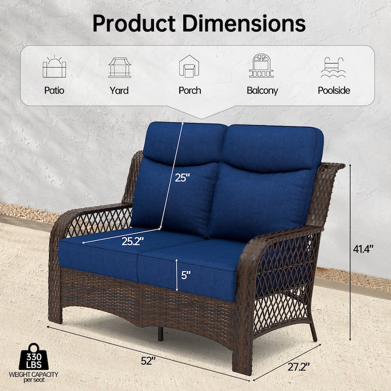 25 in. High Back Outdoor Loveseat with 5 in. Thick Cushions, 2-Seat Rattan Sofa for Porch, Wicker Loveseat Chair