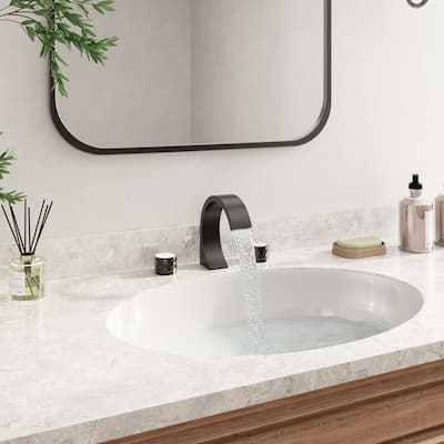 8 in. Widespread Double-Handle C-Arc Waterfall Deck-Mount Bathroom Faucet with Drain Kit