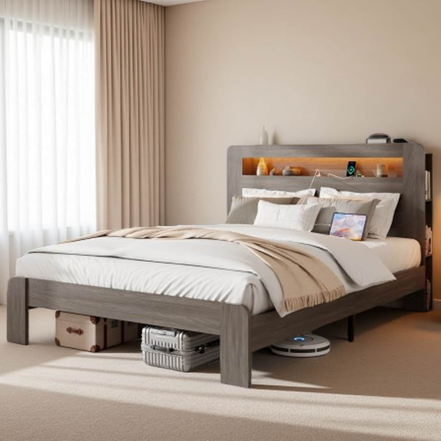 Wooden Platform Bed with LED Storage Headboard, Built-In USB & Power Outlets, Quiet Slat Support, Spacious Underbed Storage