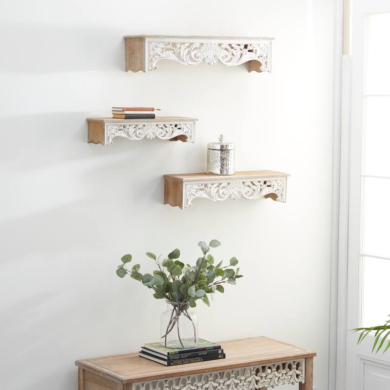 Wooden Scroll Carved 3 Shelves Wall Shelf - Set of 3 Cream - Roche River Decor - 7"W x 28"L x 6"H