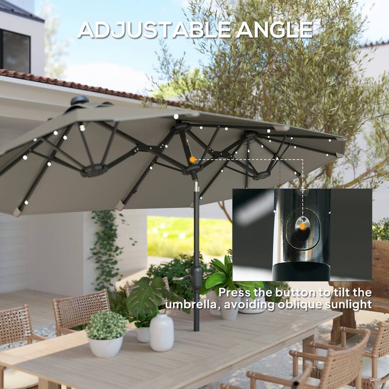 Outdoor Double-Sided Patio Umbrella with 40-Degree Tiltable Canopy 35 Solar LED Lights Steel Frame and Weighted Base