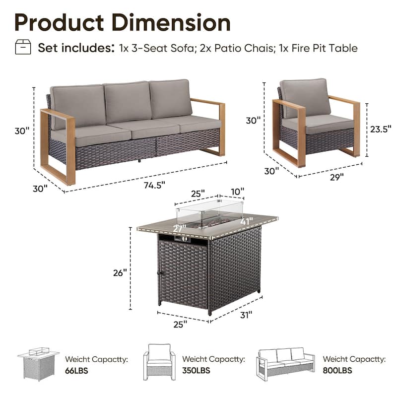 Pocassy 4 Pieces Outdoor Sofa Patio Chair with Fire Pit Table Set