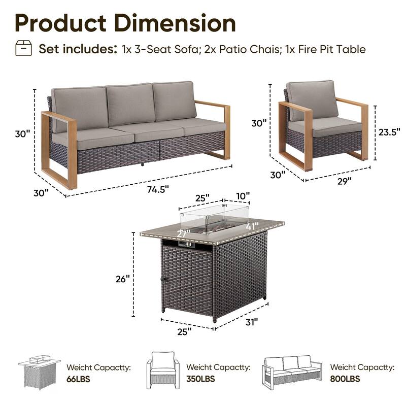 Pocassy Outdoor Wicker Sofa Patio Chair with Fire Table Set