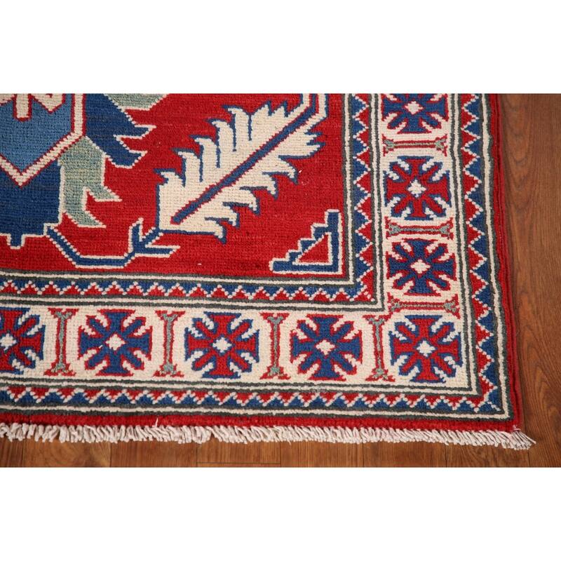Geometric Red Kazak Accent Rug Handmade Traditional Wool Carpet - 3'4"x 4'11"