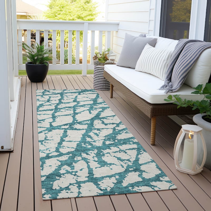 Machine Washable Indoor/ Outdoor Abstract Contemporary Chantille Rug - Teal - 2'3" x 7'6"