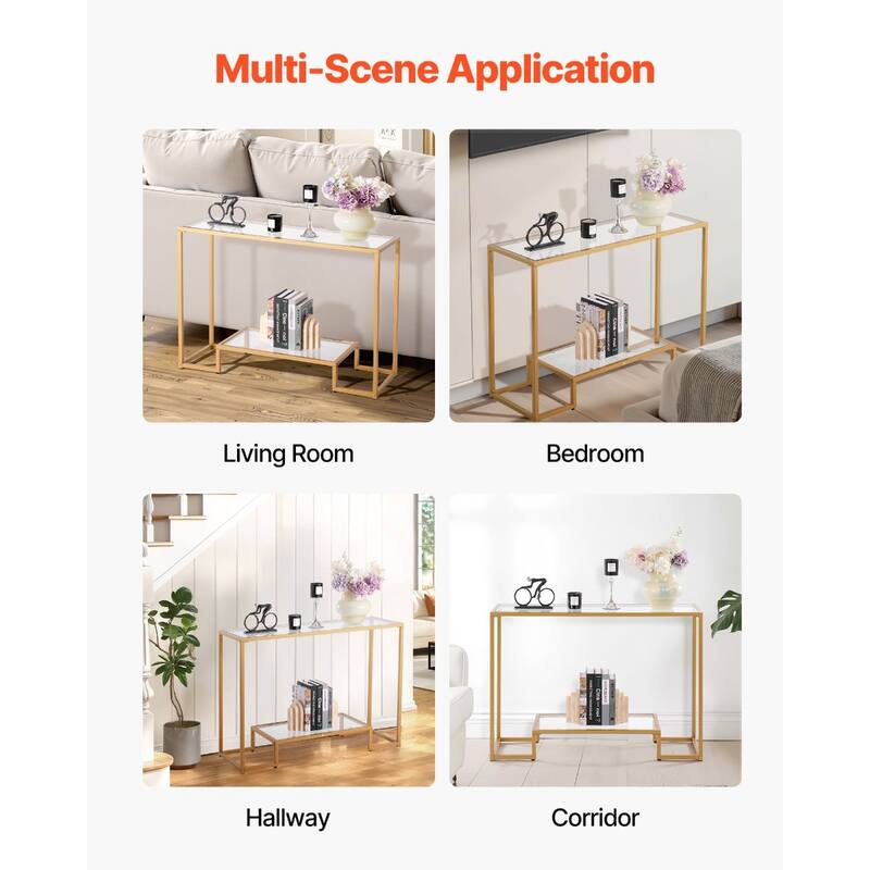 2-Tier Glass Console Table with Iron Legs for Living Room and Entryway - 42.1 x 14 x 29.7 in