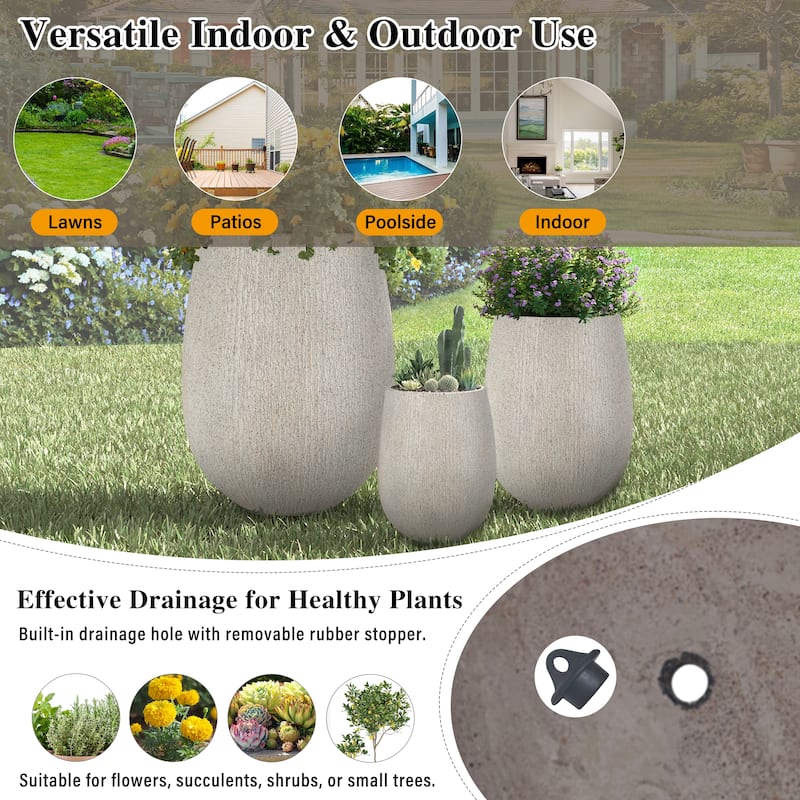 Egg-Shaped Lightweight MGO Outdoor Planter Set of 3,Modern Stone-Look Textured Flower Pots with Drainage Holes and Rubber Plug