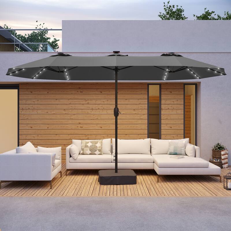 BONOSUKI 15×9FT LED Double-Sided Patio Umbrella with BASE Enhance Your Outdoor Oasis-Stylish - Warm grey