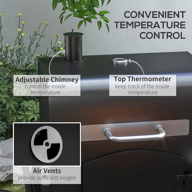 Charcoal Grill, BBQ with Adjustable Height, Portable Barbecue with Folding Shelves, Thermometer, Bottle Opener & Wheels