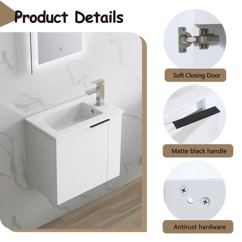 Contemporary Bathroom Vanity with Ceramic Vessel Sink, Soft-Closing Doors, Matte Black Pull Handle - 22in L Plywood