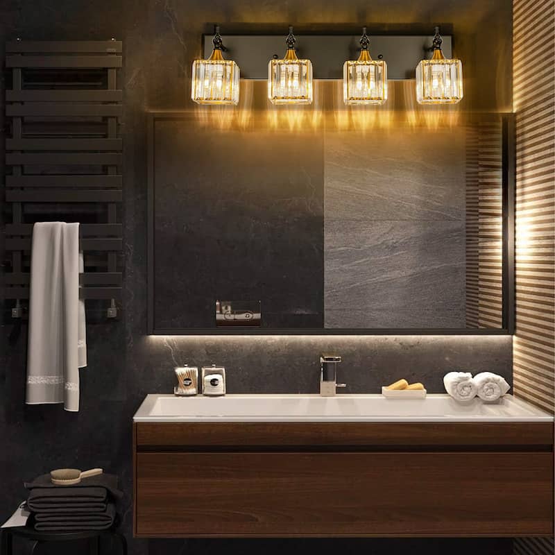 3/4-Light Modern Glam Dimmable Black Gold Crystal Bathroom Vanity Light
