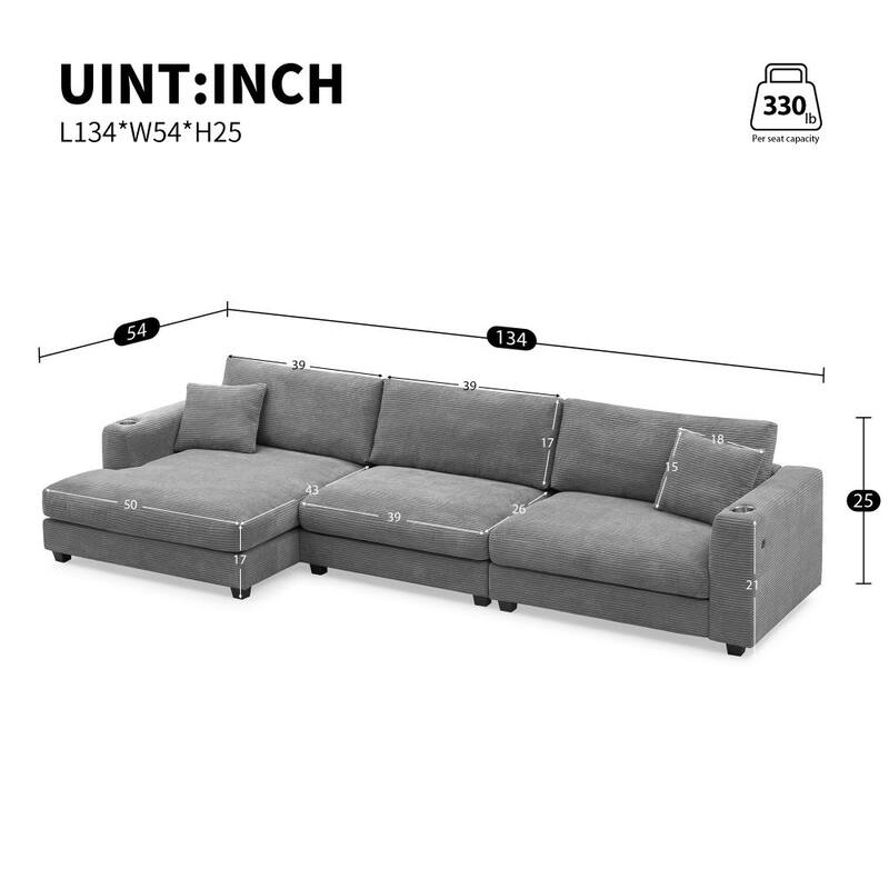 L Shaped Sectional Sofa with USB Charging Port and Cup Holder