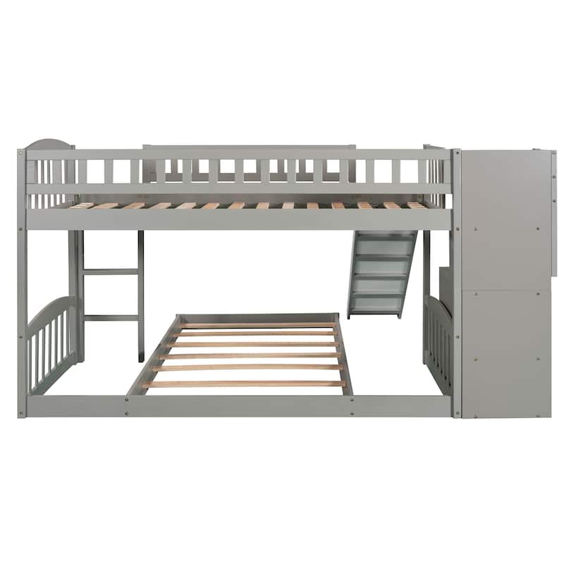 Stairway Twin over Twin Bunk Bed with Two Drawers, Slide, and Convertible Ladder, Gray