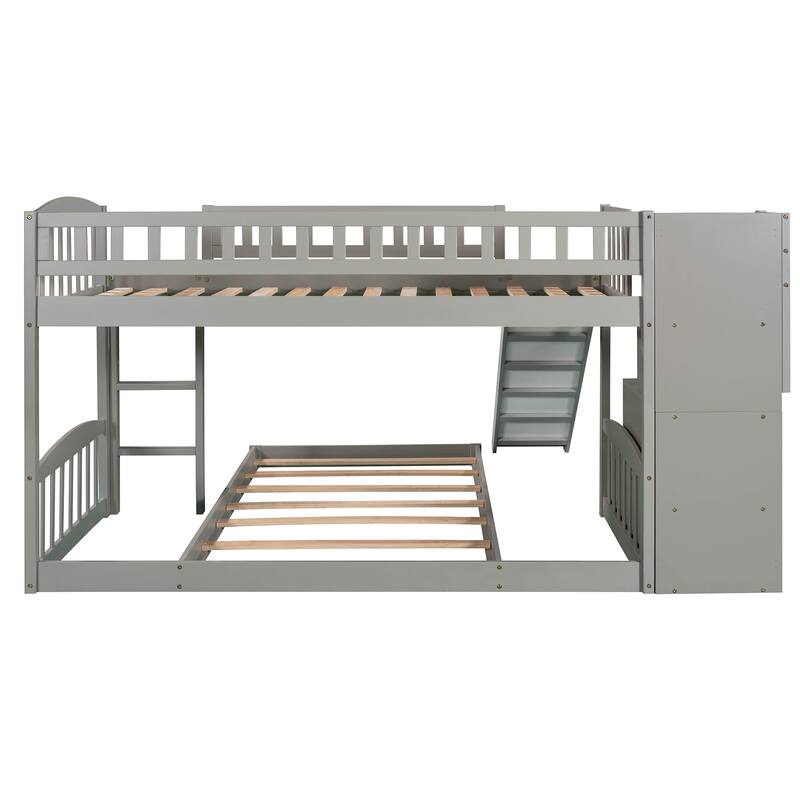 Twin over Twin Bunk Bed with Drawers, Slide, and Stairs, Gray