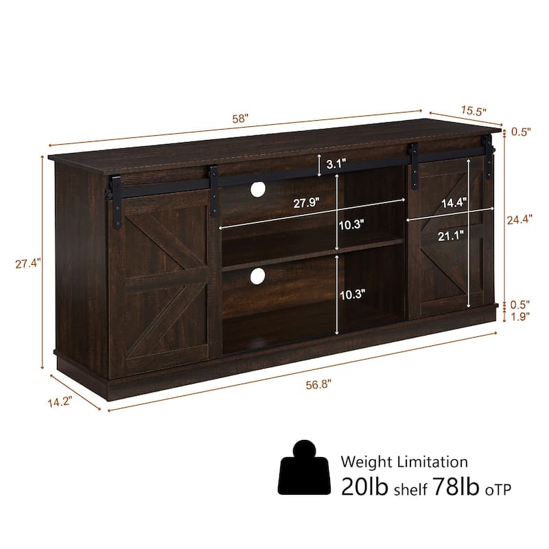 Homy Casa 58'' Farmhouse TV Stand. Sliding Barn Doors, Storage Cabinet