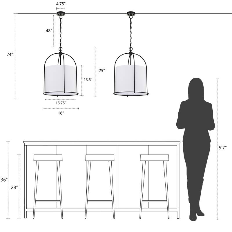 Matte Black Finish 3-Light 18 in. Cage Chandelier with White Fabric Shade